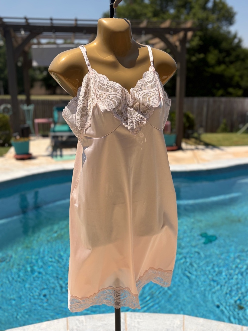 Vintage Sheer Lace-Trim Slip Chemise in Light Blush